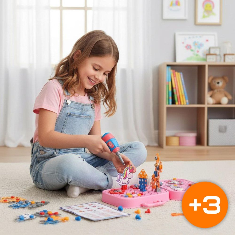 Einhorn Konstruktionsspielzeug 228 Teile, Montessori Werkzeugkasten mit Elektroschrauber, 3D Mosaik Steckspiel ab 3 Jahren, EVI TOYS Unicorn