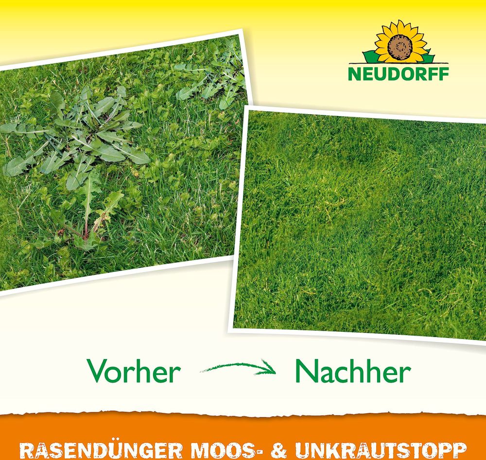 Neudorff RasenDünger Moos- & UnkrautStopp 10 kg für 200 m² - Extra Eisen für dichten Rasen, feine Körnung, kein Vertikutieren, tierfreundlich