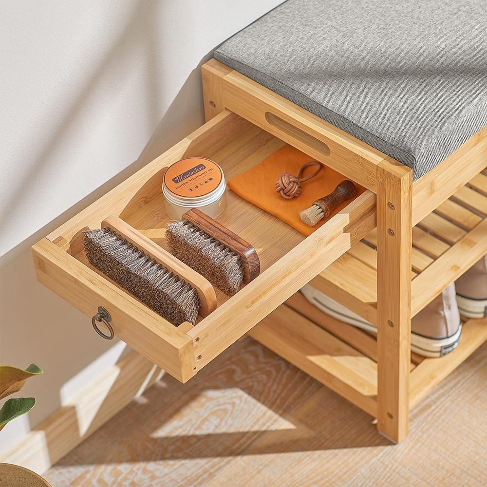 SoBuy Schuhbank mit Sitzkissen und Schublade Sitzbank Schuhregal Bambus BHT ca.: 55x46x30cm FSR49-N