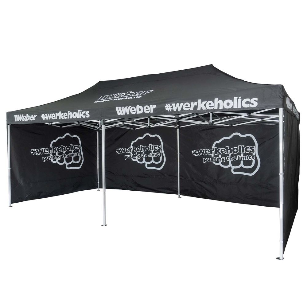 Weber Easy-Up Zelt 3 x 6 m inkl. 4 Seitenwände schwarz Aluminium Türöffnung Tragetasche höhenverstellbar faltbar Faltpavillon Pavillon