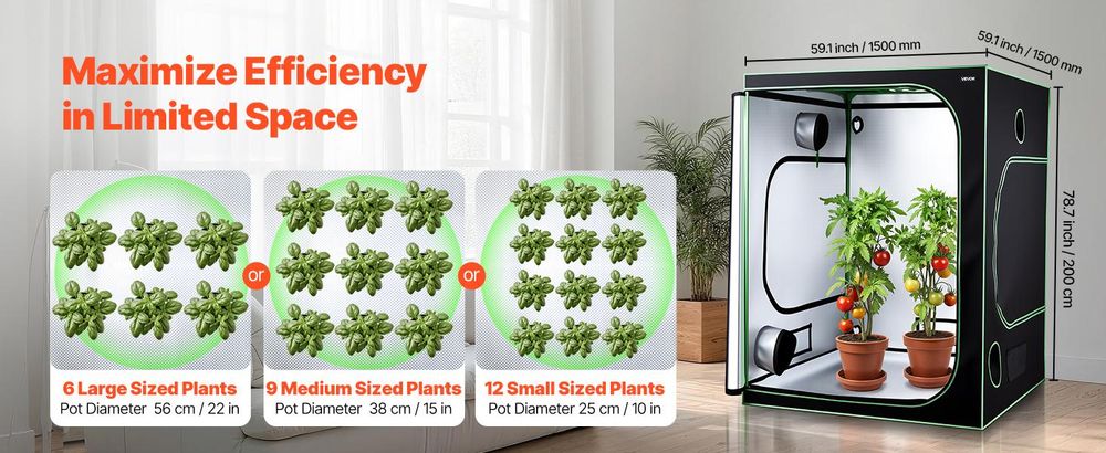 VEVOR Indoor-Grow-Zelt, 60 x 60 x 180 cm, 600D hochreflektierendes Mylar, Indoor-Pflanzenzelt mit Beobachtungsfenster, Bodenwanne & Reißverschluss, strapazierfähige Anbauzelte für Obst, Blumen und Gemüse, 150x150x200 cm