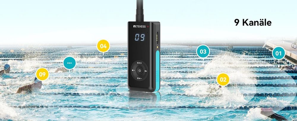 Retekess TT120 Schwimmtrainings-kommunikationssystem, IP68 Wasserdichte, Knochenleitung, 120 m, mit USB-Ladegerät, Sportkopfhörer für Schwimmschule