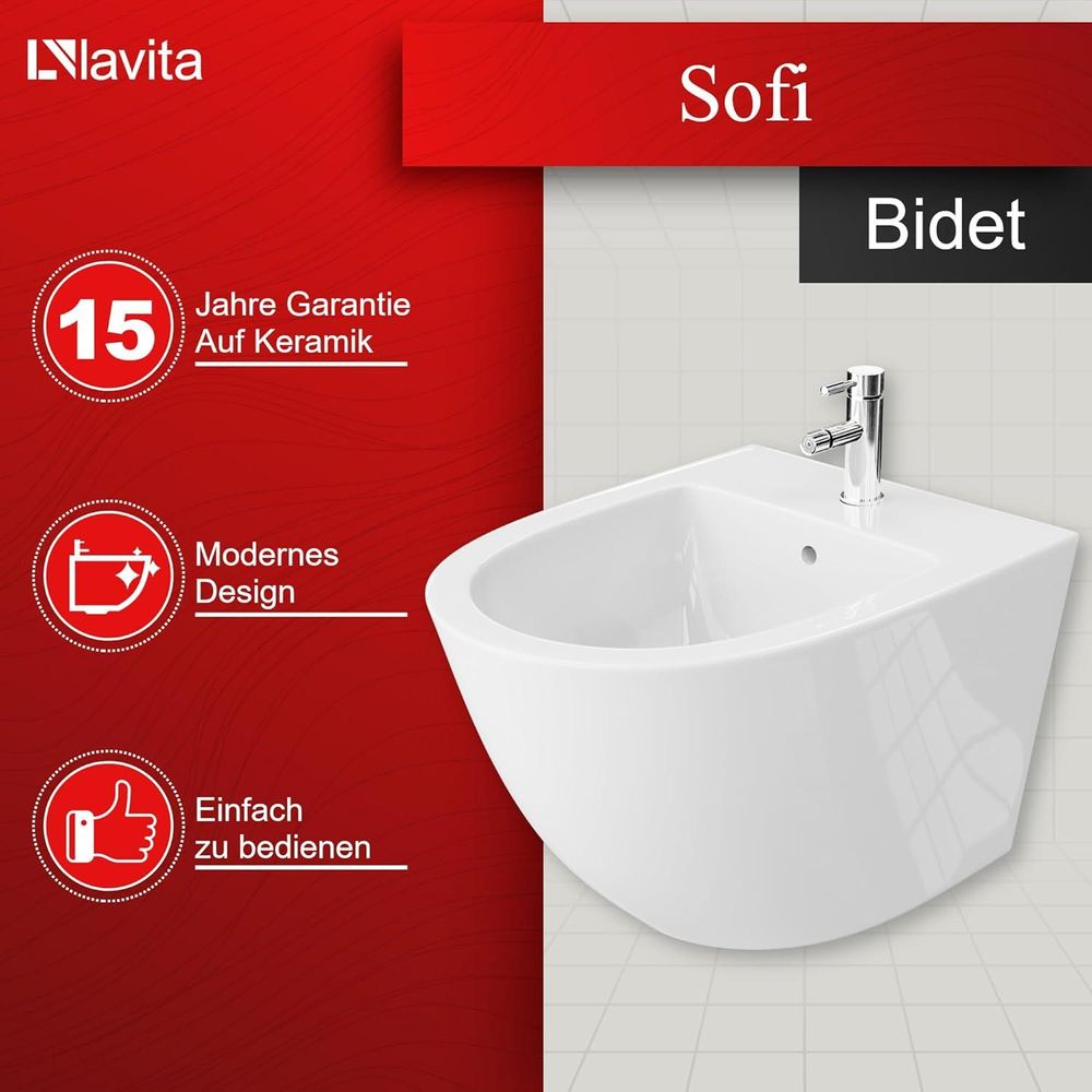 LAVITA Universal Wand-Bidet Sofi mit Hahnloch und Überlaufschutz aus Keramik | Sitzwaschbecken zur Montage an der Wand | Hygienisch |36,5x49x32,5 cm |
