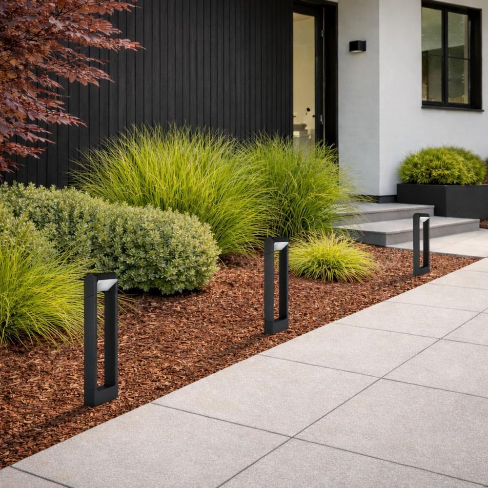 Graue Gartenlampe, modernes Design, beleuchteter Weg in exotischem Garten.