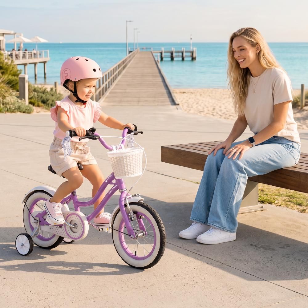 SUN BABY Heart Bike: bicicletta per bambine da 12 pollici, a partire dai 2 anni, con rotelle, manubrio di spinta rimovibile, cestino, campanello, freno a contropedale e freno V-brake