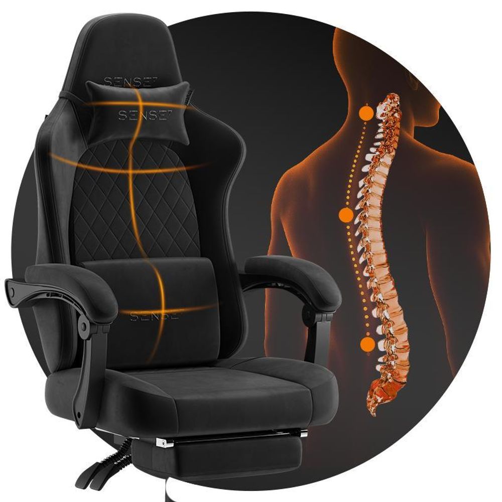 SENSE7 Devon Gaming Stuhl Stoff Schwarz - Ergonomischer Bürostuhl mit Fußstütze PC Schreibtischstuhl Zockerstuhl Alcantara 120 kg