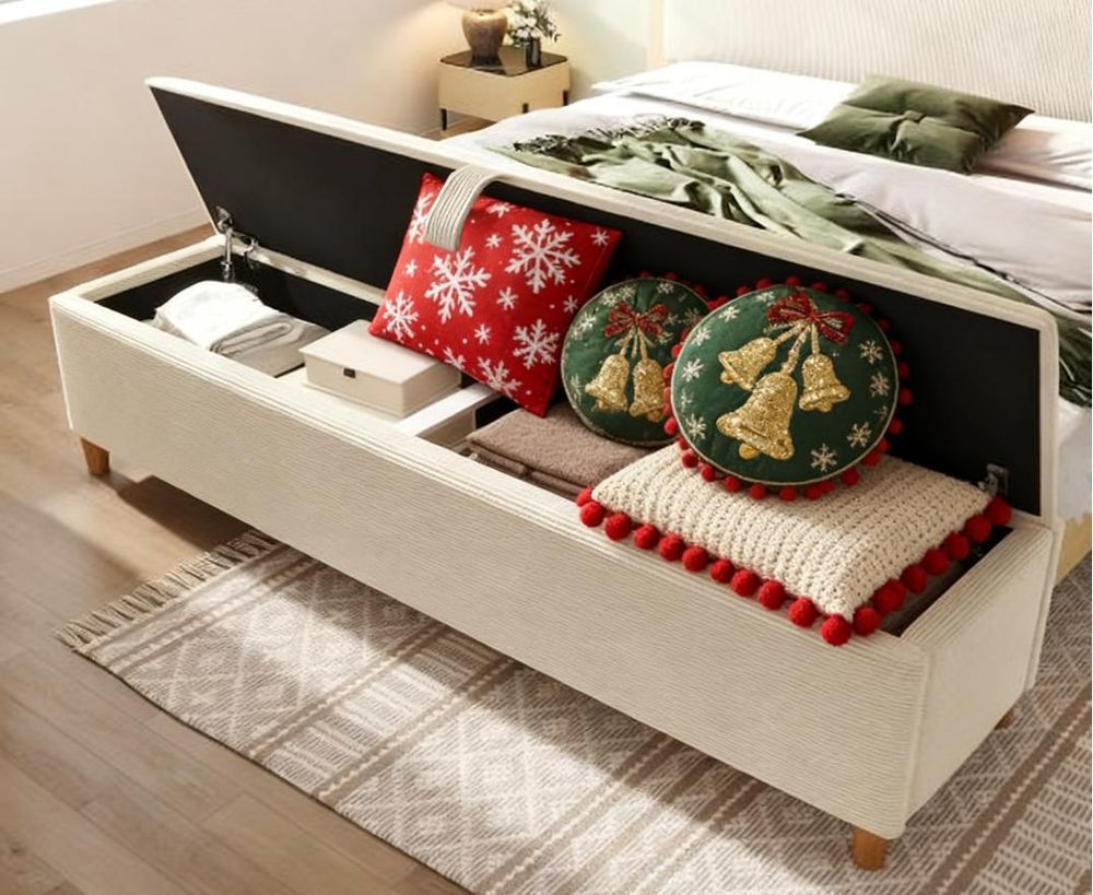 okwish Sitzbank 145x38 mit Hydraulischem Stauraum,Bettbank aus Cord,Polsterbank für Schlafzimmer, Wohnzimmer und Flur,Beige
