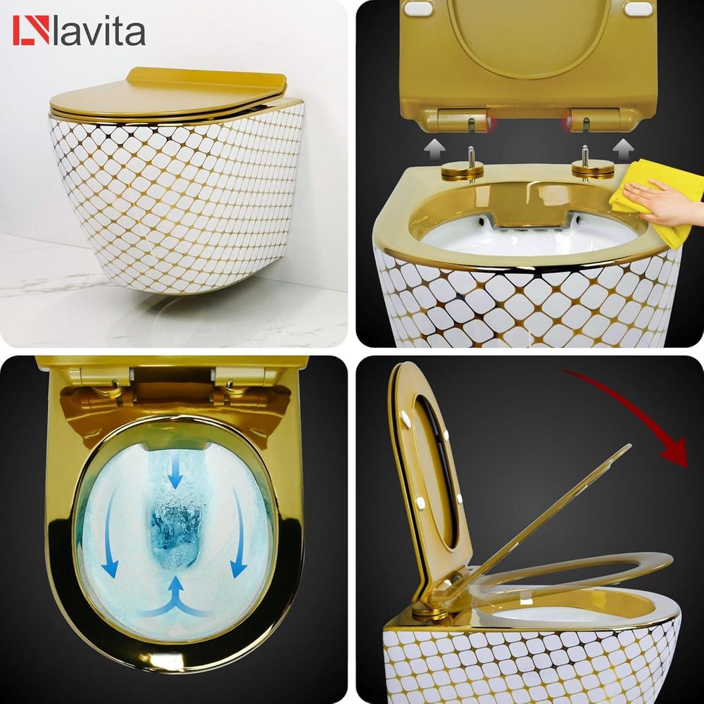 Lavita LAV 101 Vorwandelement für WC 40cm + Wand Hänge Tiefspül WC SOFI SLIM CHECKED GOLD Spülrandlos + Bedienplatte LAV 200.4.5 Gold | Komplettset | Unterputz Spülkasten | Toilette Komplett Sett