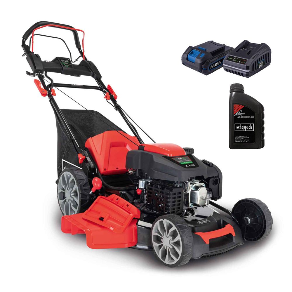 Scheppach MS225-56E Benzin Rasenmäher - E-Start | 6PS | 56cm Schnittbreite | Radantrieb | 65L Fangkorb | inkl. Motoröl + 2Ah Akku + 2,4A Ladegerät