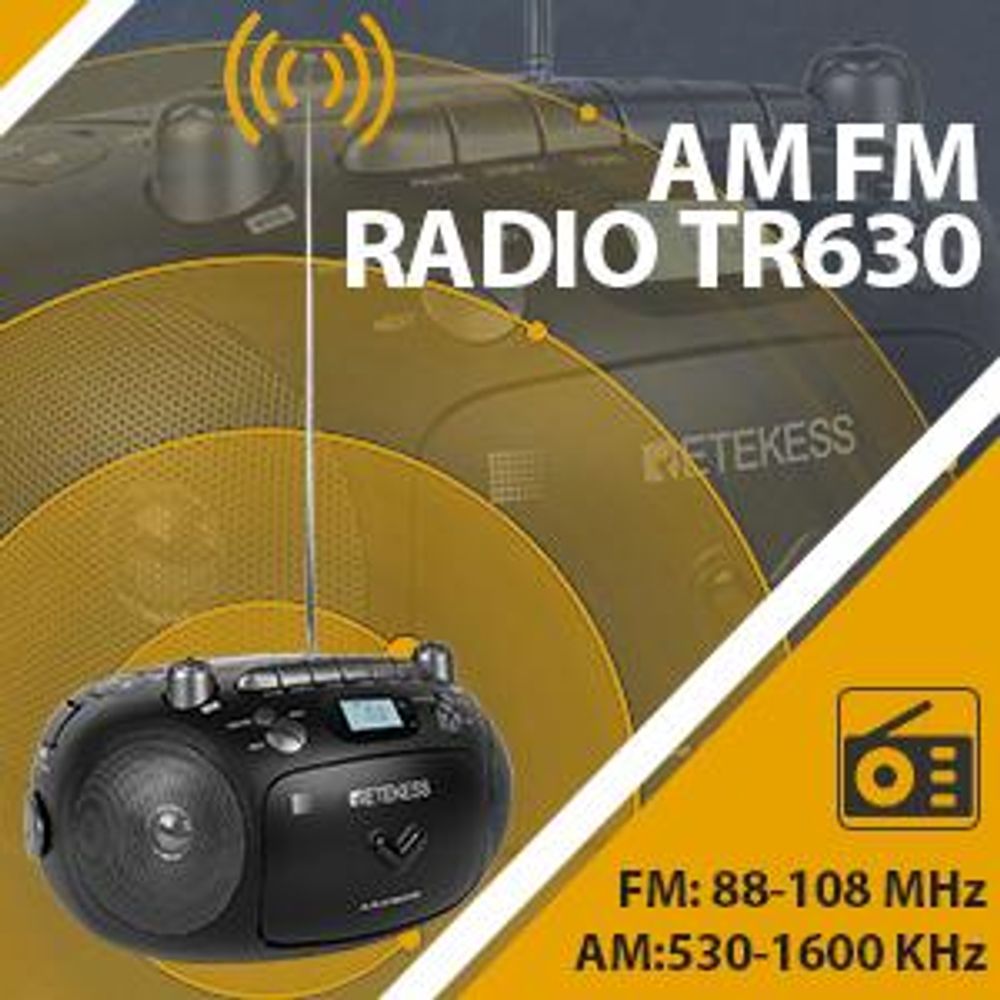 Retekess TR630 Radio z CD, Boombox z kasetą, Radio na baterie, Wyświetlacz LCD, Dźwięk stereo, USB SD TF, Odtwarzacz CD na kemping na zewnątrz