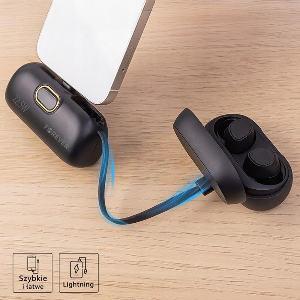 Forever, 5000mAh Powerbank Lightning Anschluss + integriertes USB-C Kabel, Schwarz