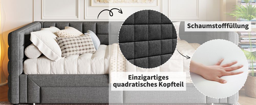 MODFU Daybett, Ausziehbett  90x200cm Schlafsofa Jugendbett Kinderbett Tagesbett,t mit quadratischer Rückenlehne,(ausziehbar auf 180 Queensize), 2 Schubladen, Ohne Matratze, Grau