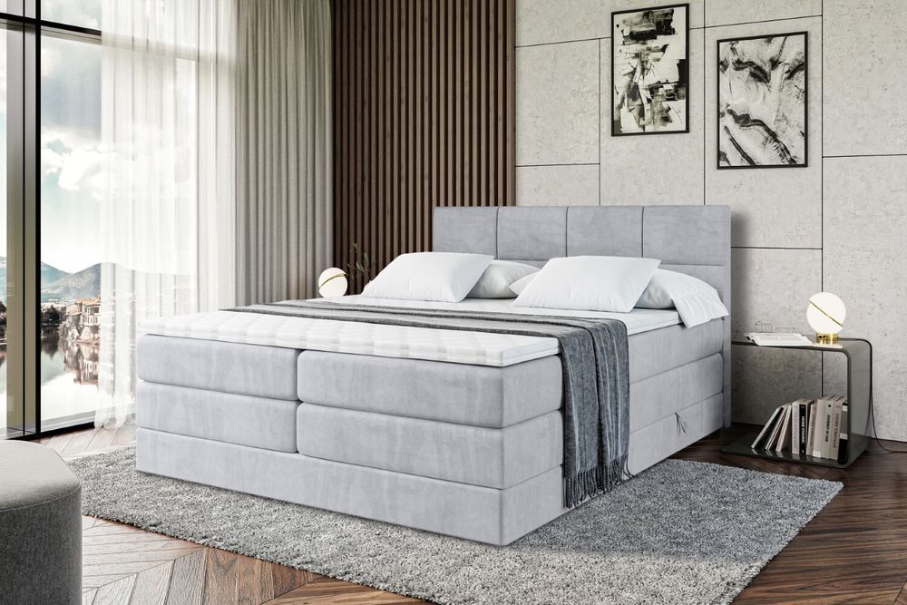 ALTDECOR Boxspringbett mit 2 Matratzen und Topper - 160x200 cm - ARDENI KING - Hellgrau Samt - Polsterbett mit, H3- und H4- Matratzen, Bettkasten und Lattenrost, Bett mit Stauraum