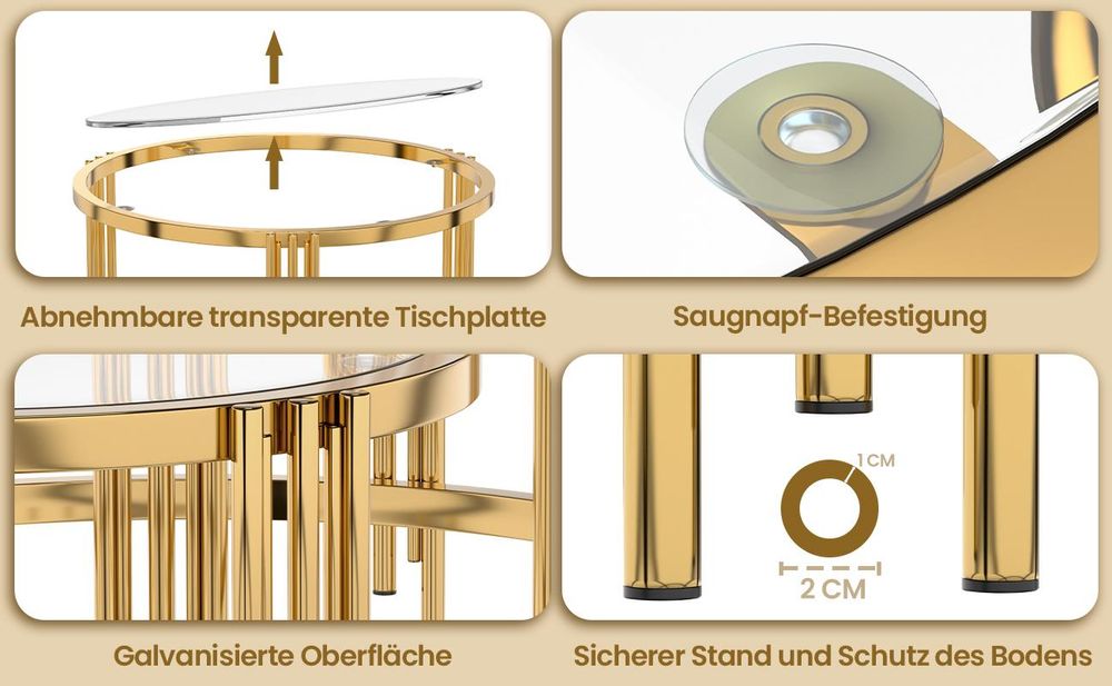 MODFU 2er set Couchtische Rund,Wohnzimmertisch set mit 2 Satztisch Sofatisch,Beistelltisch Gold mit Metallgestell,80×80×45cm