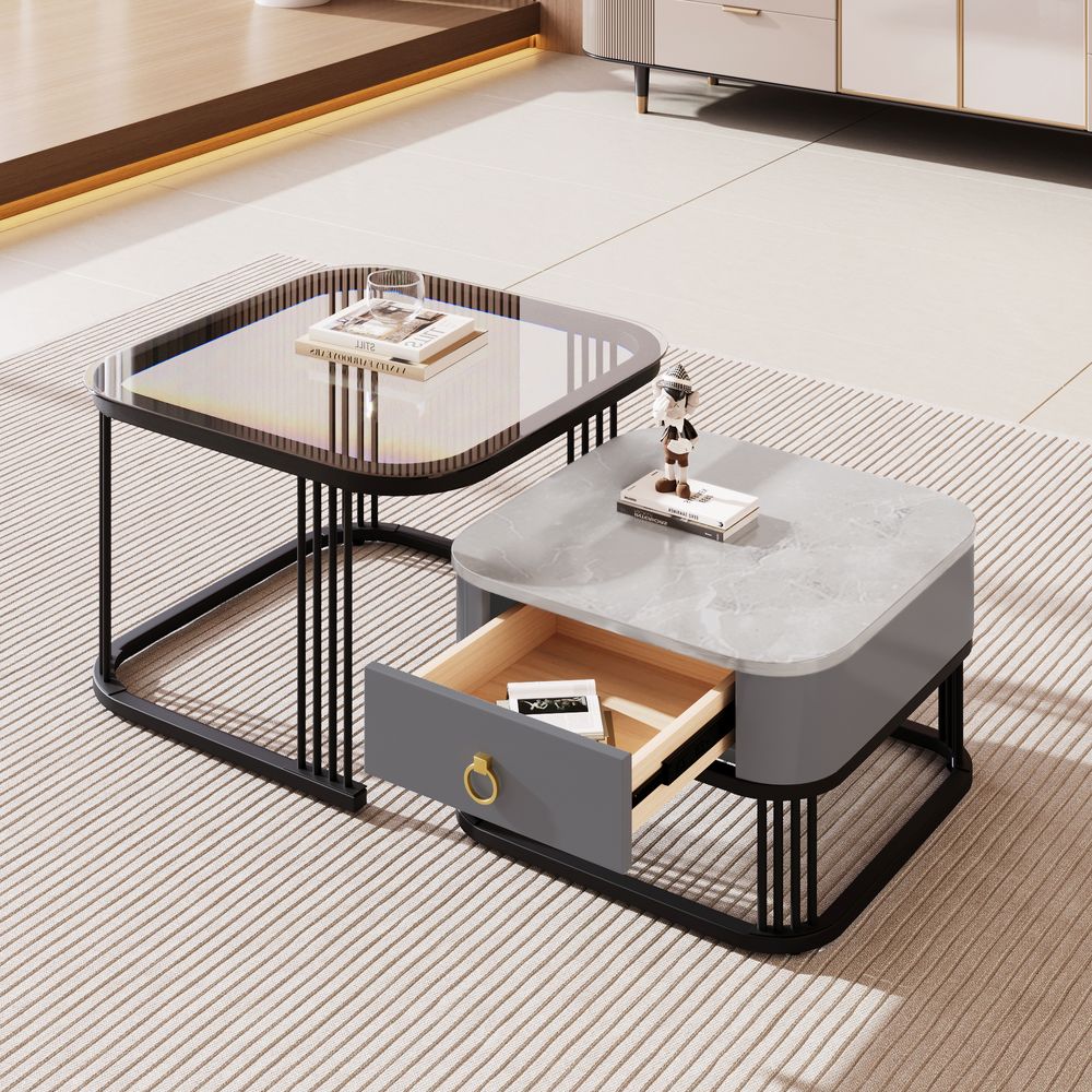 MERAX Couchtisch Set Marmoroptik mit Schublade Beistelltisch hochglanz, Satztisch mit Glasplatte, Wohnzimmertisch, Grau