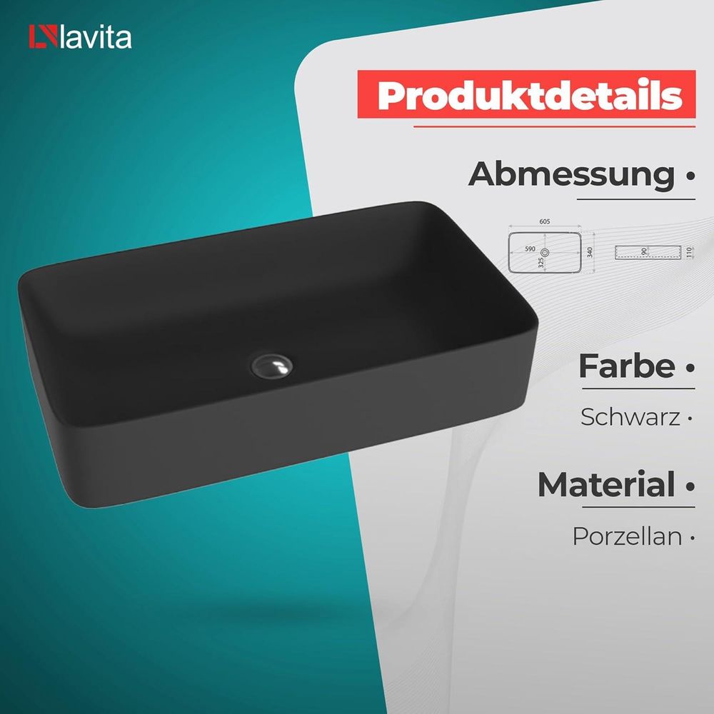 LAVITA Aufsatzwaschtisch Pasana Black| Aufsatzwaschbecken Rechteckig | Waschbecken Ohne Überlauf und Hahnloch | Aus hochwertigem Porzellan | Waschtisch | 60,5x34x11 cm | Schwarz Matt