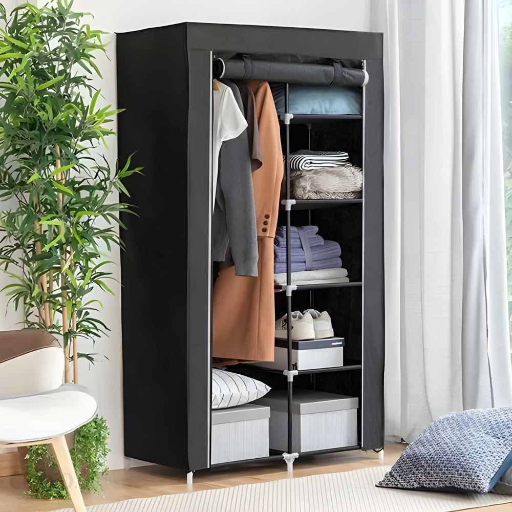 Stoffschrank Faltschrank Schrank 170x90x45cm Kleiderschrank aus Stoff mit Reißverschluss mit 1 Kleiderstangen und Ablagen Faltbar Kleiderstange Retoo