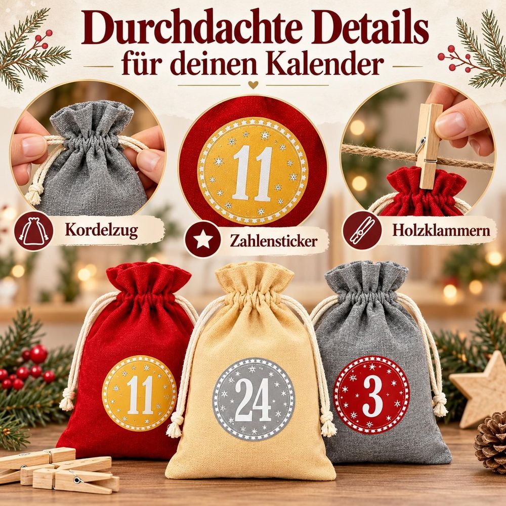 Details von Kordelzug, Zahlensticker und Holzklammer bei Modell 2