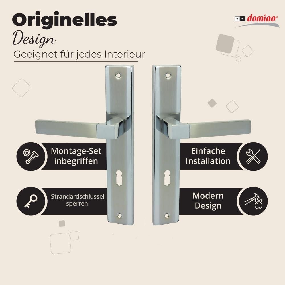 DOMINO Türgriff 72 Drückergarnitur BB-Buntbart Set | Langschildgarnitur | Türklinke für Zimmertür, Bürotür, Kellertür & Innentür | L-Form | Türbeschläge aus Aluminiuml |Chrom/Nickel Türdrückergarnitur | REAL M6/M9