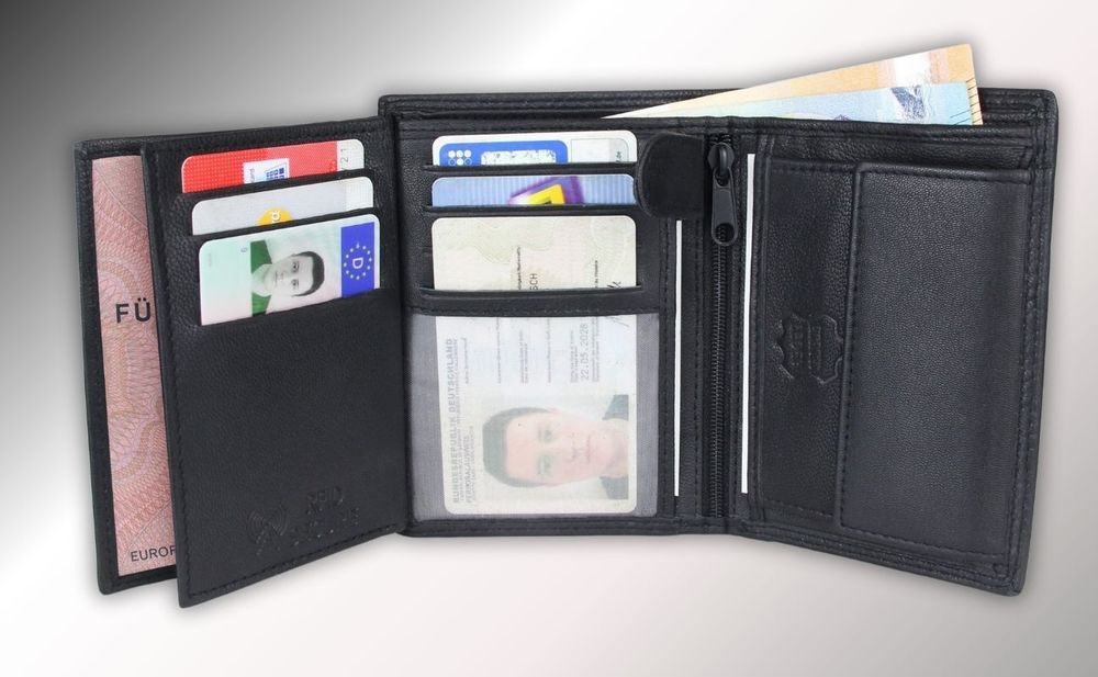Frentree® Herren Leder Geldbörse mit RFID Schutz, 11 Kartenfächer, Hochformat Portemonnaie, Schwarz