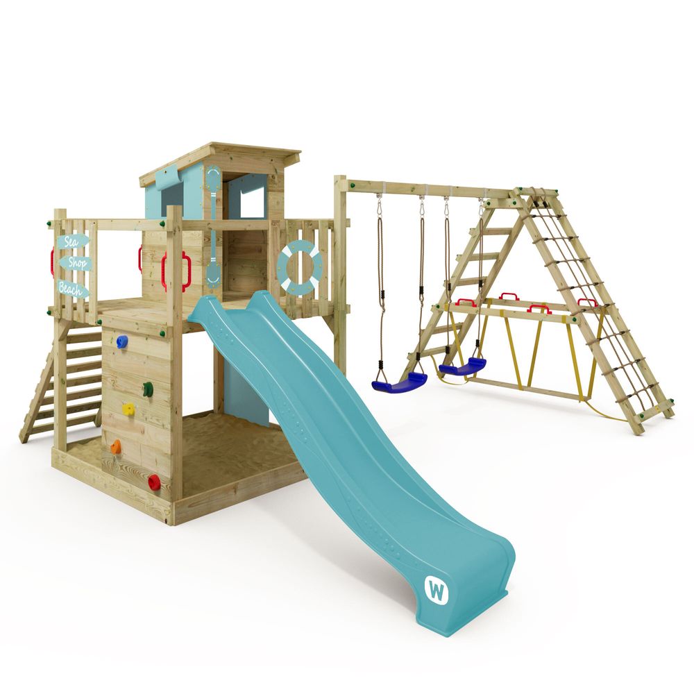 Kletterturm Wickey Smart Surf mit Rutsche und Kletteranbau in Himmelblau