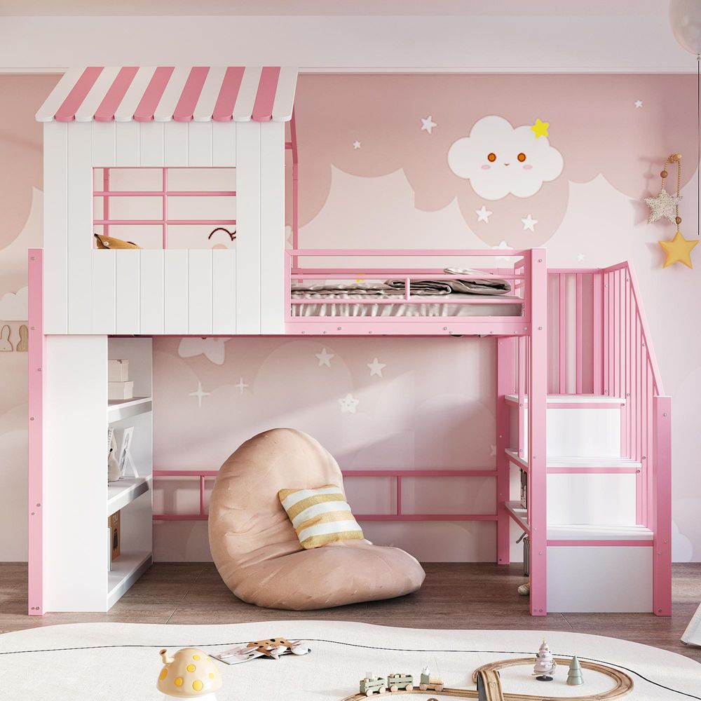 Merax Etagenbett Hochbett 90x200cm mit Hausdesign, Kinderbett mit Schutzgitter, Stauraumregal, Sichere Treppe links/rechts montierbar, Jugendbett,Rosa