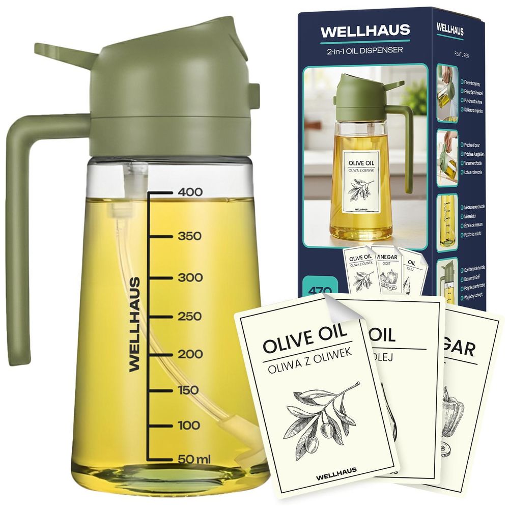 WELLHAUS Olivenölspender & Ölsprüher 2in1 – 470 ml Glas Ölspender mit UV-Schutz, lichtdicht, Ölausgießer & Ölsprühflasche für Heißluftfritteuse, Küche, Kochen, Braten, Salat, Grill & BBQ