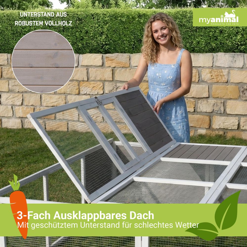 MyAnimal Freilaufgehege MH-06 | Wetterfest & Winterfest - Hasen Kaninchen Stall - Freigehege - Kleintier Stall - mit Unterstand - Faltbar - XXL (Grau)