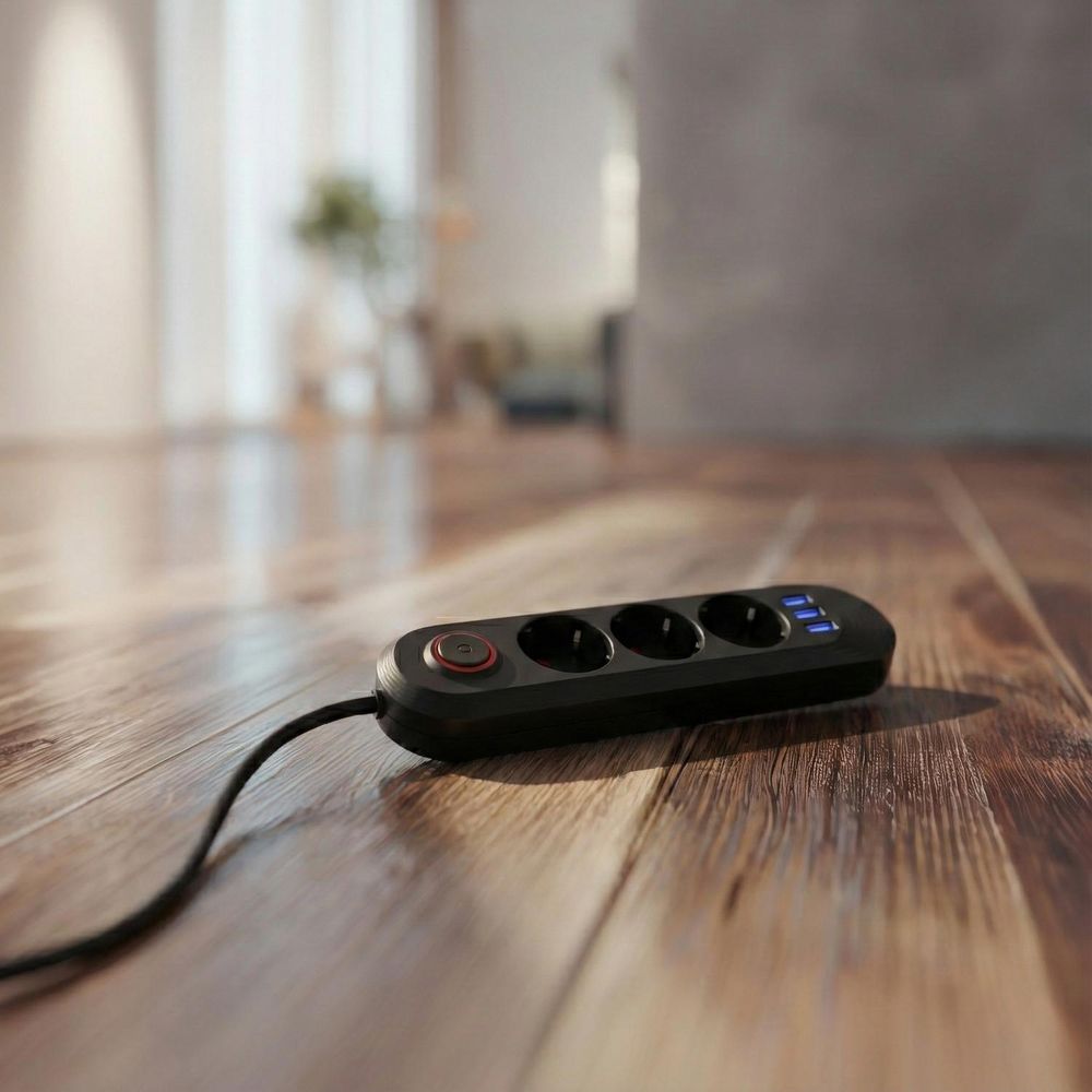 Maclean Steckdosenleiste 3-Steckdosen-Verlängerungskabel + 3xUSB 110-240V AC 50/60Hz 2,1A max 2500W 1,5m schwarz MCE394 B