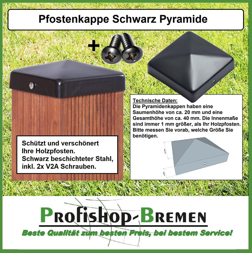 Pfostenkappe schwarz Pyramide für Pfosten 10x10 cm - inkl. 2x Edelstahl-Schrauben