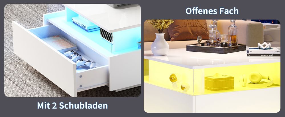 MODFU Couchtisch Wohnzimmertisch LED-Couchtisch für Wohnzimmer, Schlafzimmer, Beistelltisch Quadratischerr mit 2 Schubladen und transparentem Präsentationsbereich, Weiß