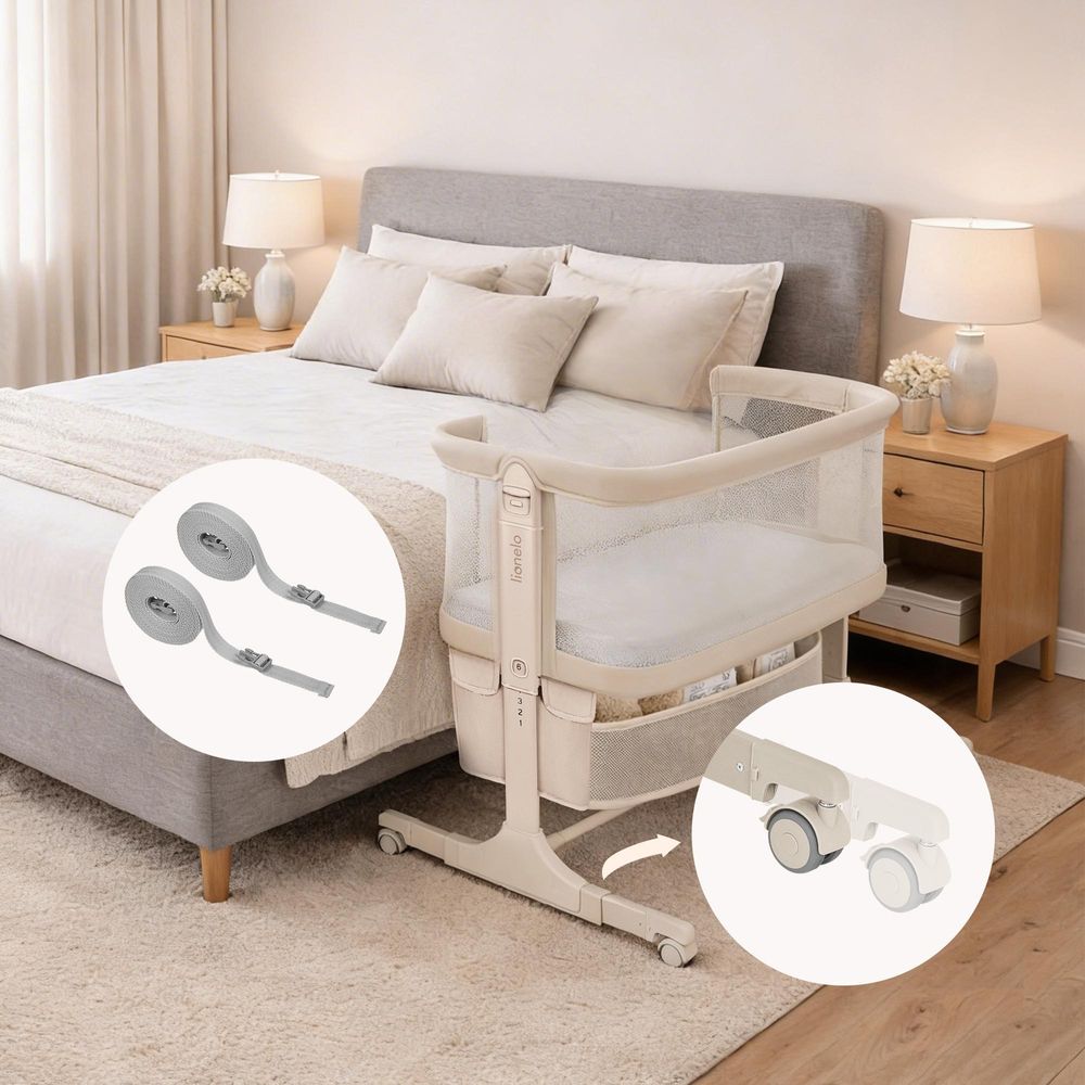 Lionelo Jodie Lettino aggiuntivo 3 in 1 per neonati, culla, lettino regolabile in altezza, materasso e zanzariera - Beige