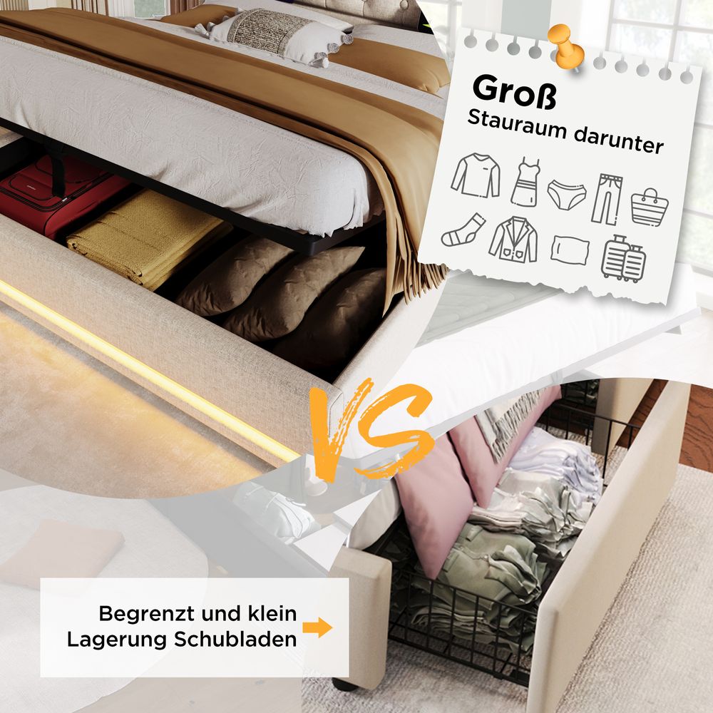 Flieks Polsterbett 160x200cm mit USB & Typ-C, Doppelbett Jugendbett mit LED, Hydraulisches Stauraumbett Boxspringbett mit Lattenrost, Baumwolle, Beige
