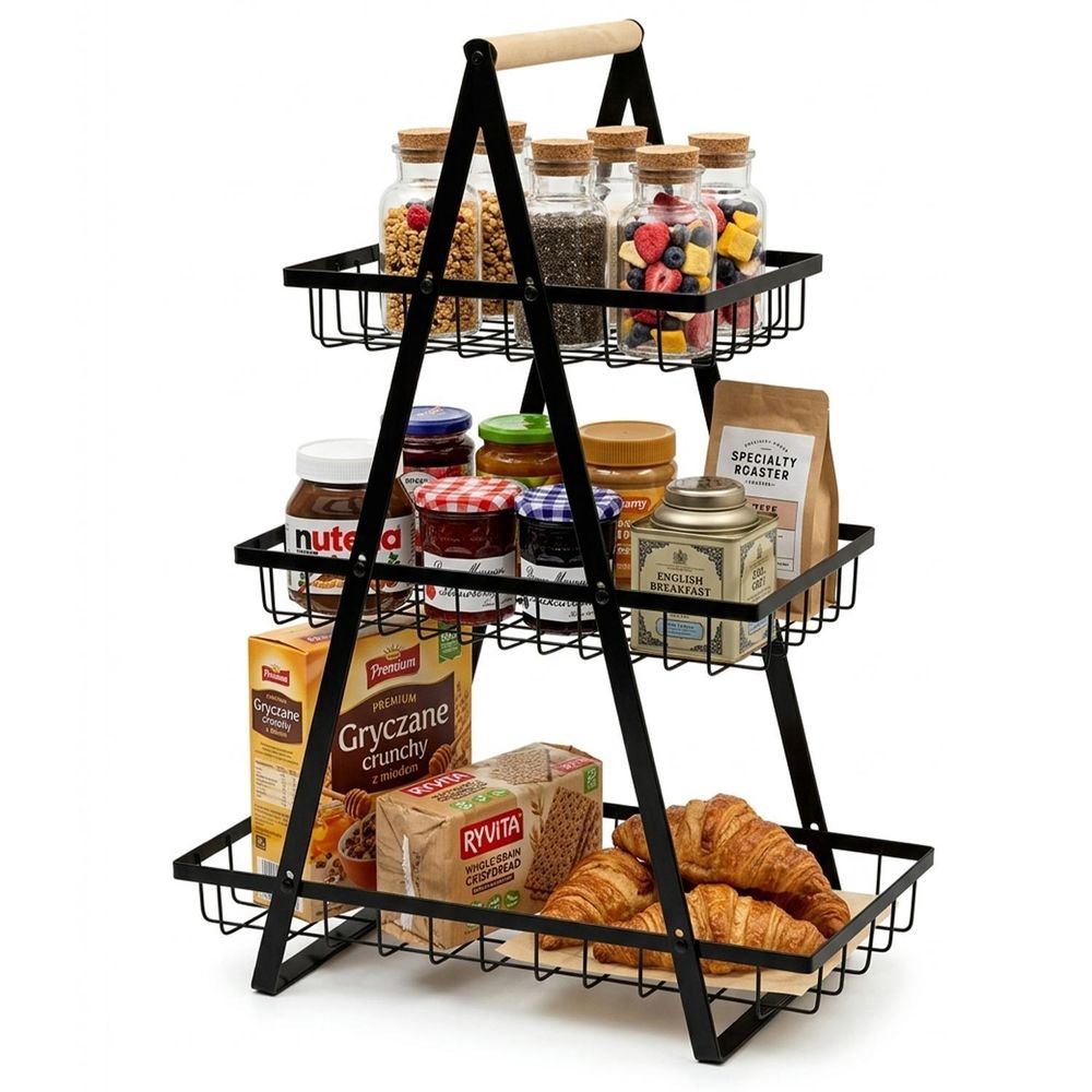 WELLHAUS 3-Etagen Obst Etagere aus Kohlenstoffstahl – Abnehmbarer Obstkorb für Obst, Gemüse & Snacks, Schwarz