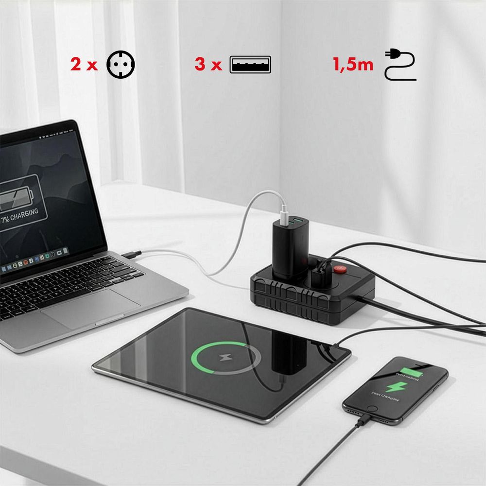Maclean Steckdosenleiste 2-Steckdosen-Verlängerungskabel + 3xUSB 110-240V AC 50/60Hz 2,1A max 2500W 1,5m schwarz MCE387 B