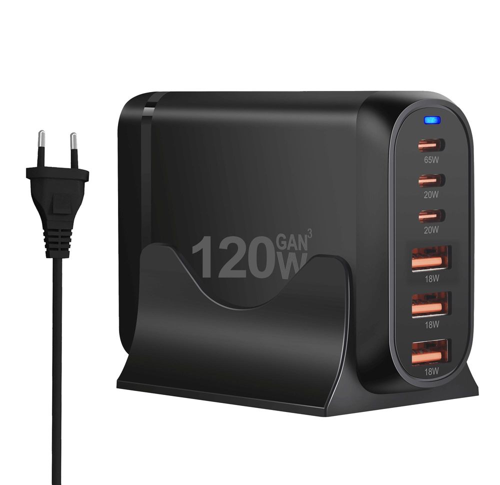120W GaN Ladestation 6 Ports USB C PD 65W USB A QC 3.0 Schnellladegerät für MacBook Pro Laptop Smartphone Tablet PC Netzteil mit Ladestation Schwarz