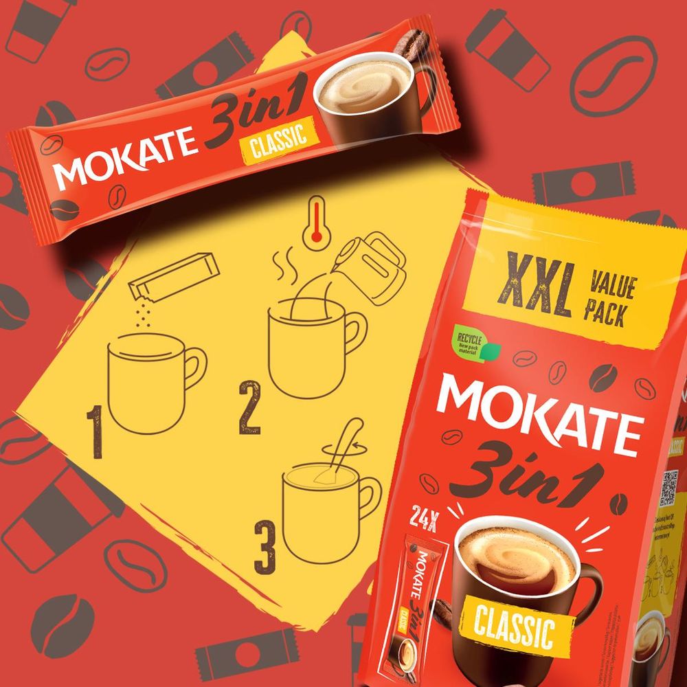 Mokate 3w1 Classic XXL - Kawa Rozpuszczalna z Cukrem i Mlekiem Mix Kawowy 24 Saszetki