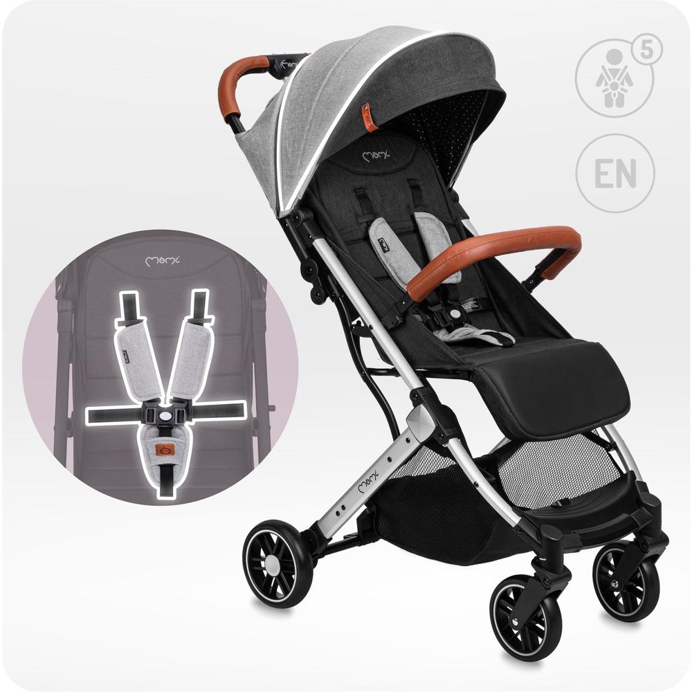 MoMi ESTELLE LIGHT Buggy Kinderwagen - Leicht, Stoßdämpfung 4 Räder, Koffer - Grau/Silber