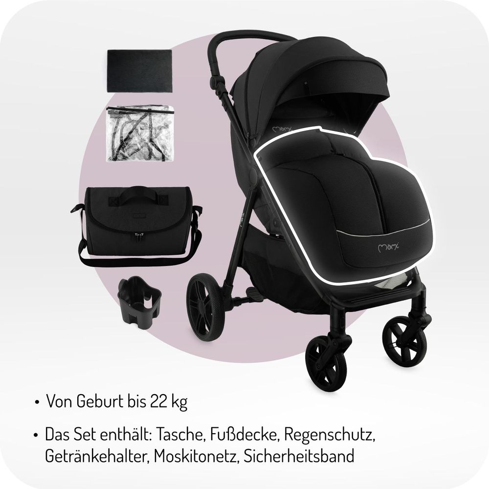 MoMi CLARA – Buggy ab Geburt, bis 22 kg, mit 4-Rad-Federung, Drehbügel & verstellbarem Schiebegriff, inkl. Tasche & Regenschutz – Schwarz
