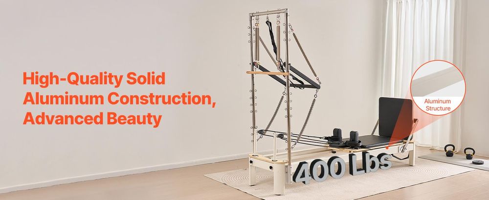 VEVOR Pilates Reformer, Holz-Pilates-Maschine für das Heimstudio, Krafttraining Workout-Ausrüstung mit doppeltem Widerstand, Reformer-Box, Sprungbrett, für fortgeschrittene Benutzer und Anfänger, bis zu 400 LBS, Aluminiumlegierungsrahmen