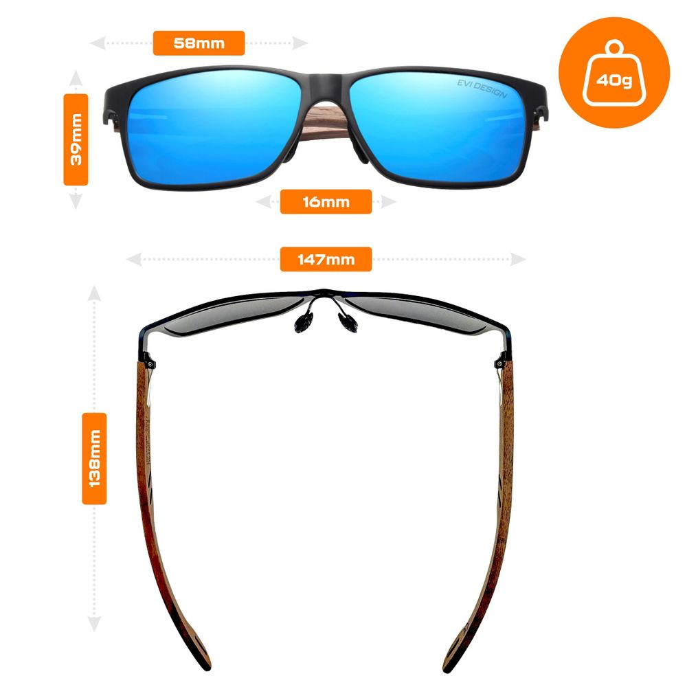 Sonnenbrille Herren Polarisiert UV400, Blaue Gläser Holz Sonnenbrille Nerd-Stil, Walnussholz-Bügel inkl. Etui & XXL-Zubehör, EVI DESIGN Blau