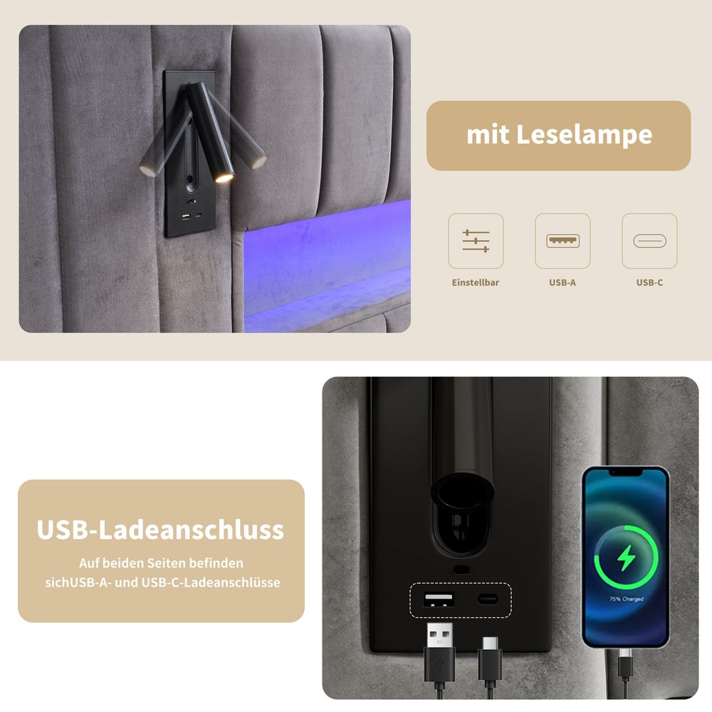 MODFU Polsterbett 180 x 200 cm mit Bettkasten und USB-Anschluss,Funktionbett mit LED-Beleuchtung,Bettgestell ohne Matratze,grau