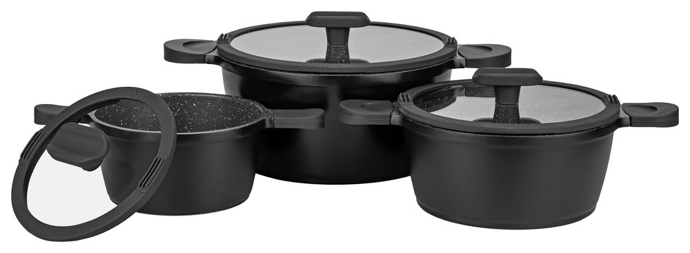HAPPINESS BLACKLINE Topfset 6tlg., fettarmes und gesundes Kochen, für alle Herdarten geeignet, hochwertige GREBLON Antihaft-Beschichtung