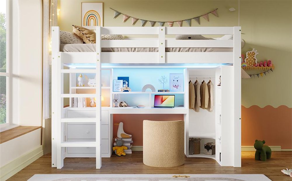 Merax Etagenbett Hochbett 90×200 cm, LED-Beleuchtung, Kleiderschrank, Schreibtisch, Schubladen, Staufächer, Kinderbett, Stockbett, Jugendbett, Weiß