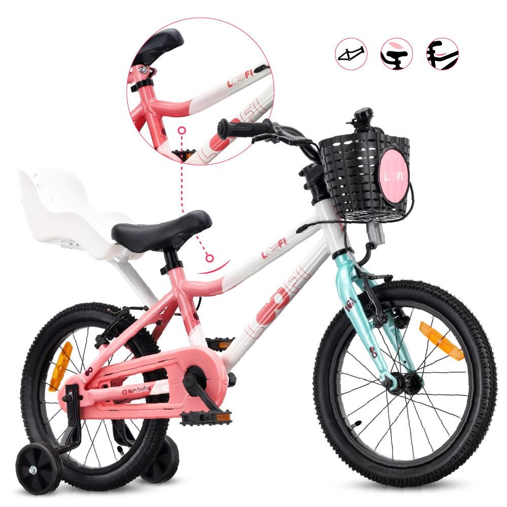 SUN BABY LOOFI – rower dziecięcy 14 cali, lekki rower aluminiowy o wadze 6,6 kg dla dzieci od 3 lat, z kółkami pomocniczymi, koszykiem, dzwonkiem i fotelikiem dla lalki, dla dziewczynek