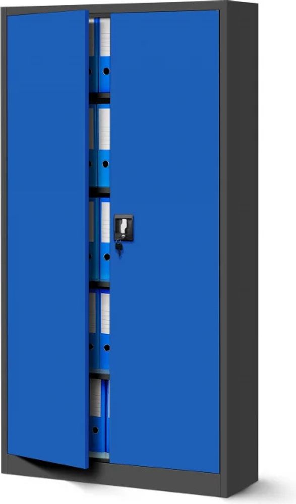 Aktenschrank Büroschrank Metallschrank Stahlschrank Werkzeugschrank Stahlblech Pulverbeschichtet Flügeltürschrank Abschließbar 195 cm x 90 cm x 40 cm, Farbe: Anthrazit-blau