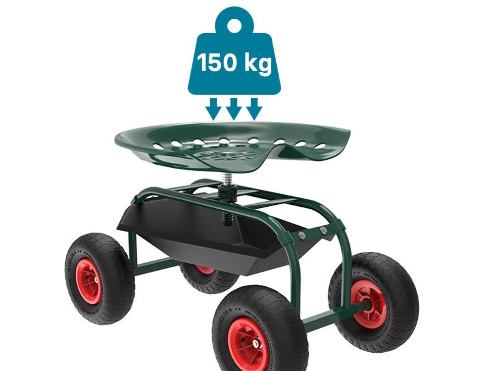 Wiltec Gartenwagen mit Ablagefläche bis 150kg Gartenhocker mit Reifen Gartentrolley für Gartenarbeit Werkstattwagen Rollwagen Arbeitssitz Gartensitz fahrbar