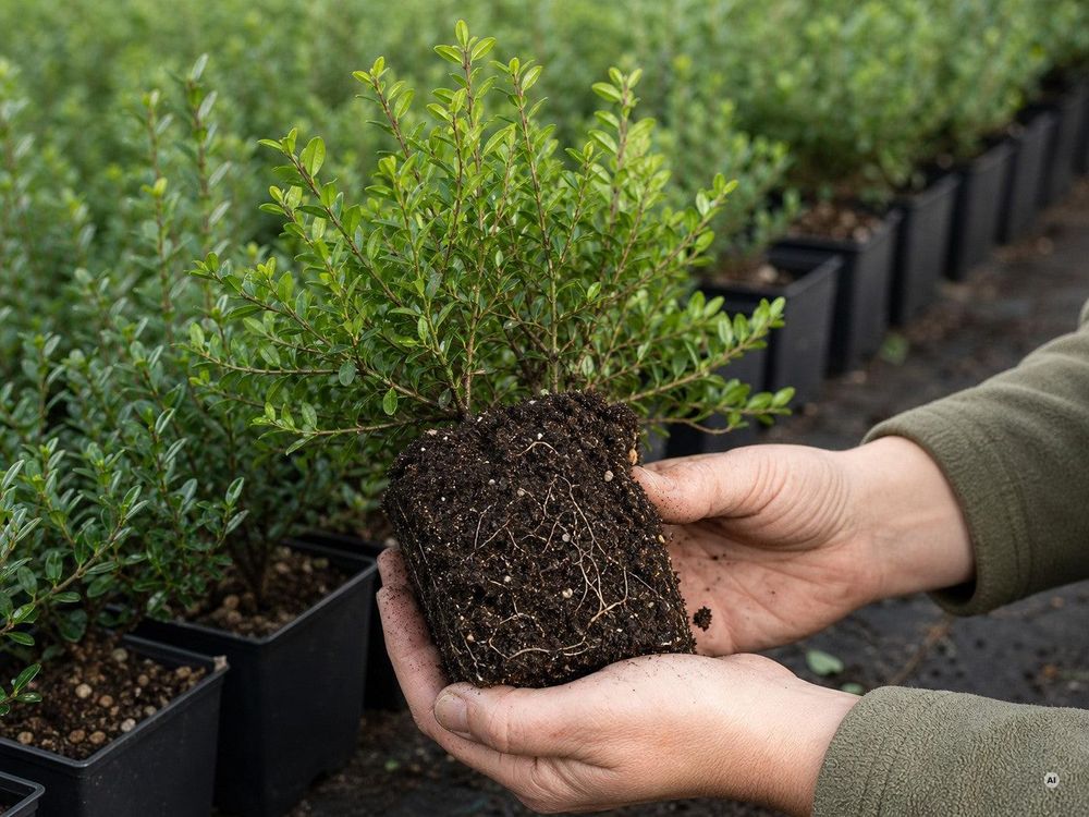 Freiland-Quartier mit Reihen kompakter Ilex-Jungpflanzen in eckigen 9 × 9-Töpfen, Hand hält einen au