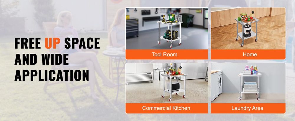 VEVOR Edelstahl Arbeitstisch 30 x 18 x 34 Zoll, 700 LBS Tragfähigkeit mit 4 Rädern, 3 verstellbare Höhenstufen, robuster Lebensmittelvorbereitungstisch für gewerbliche Küchenrestaurants, Silber, 760x600x850 mm
