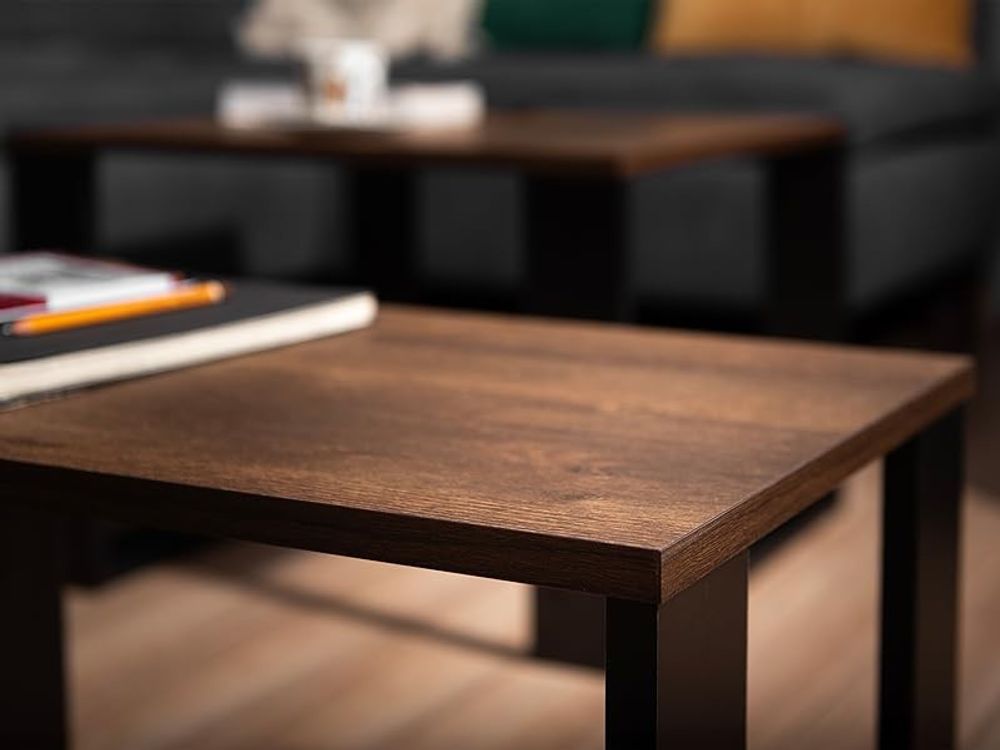 Lehmann Couchtisch 2er Set in 2 Größen für das Wohnzimmer, mit Holzplatte und schwarzem Gestell